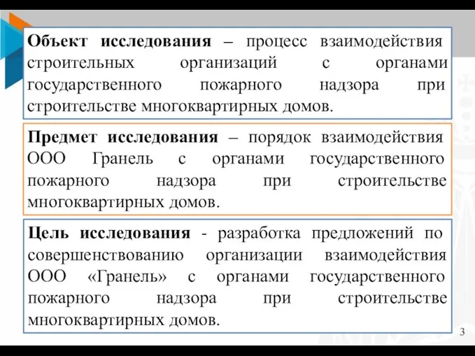 Объект исследования – процесс взаимодействия строительных организаций с органами государственного пожарного надзора