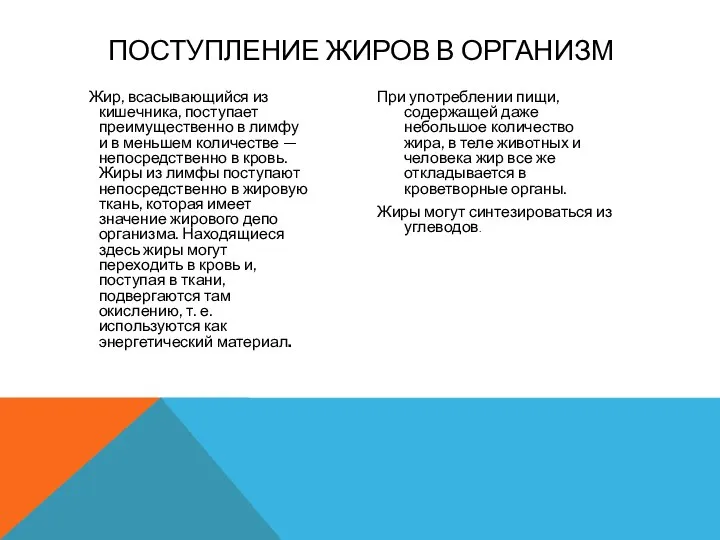 Жир, всасывающийся из кишечника, поступает преимущественно в лимфу и в меньшем количестве