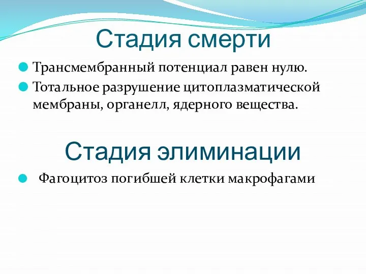 Стадия смерти Трансмембранный потенциал равен нулю. Тотальное разрушение цитоплазматической мембраны, органелл, ядерного