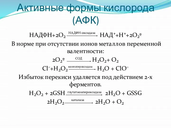 Активные формы кислорода(АФК) НАДФН+2О₂ НАД⁺+Н⁺+2О₂º В норме при отсутствии ионов металлов переменной