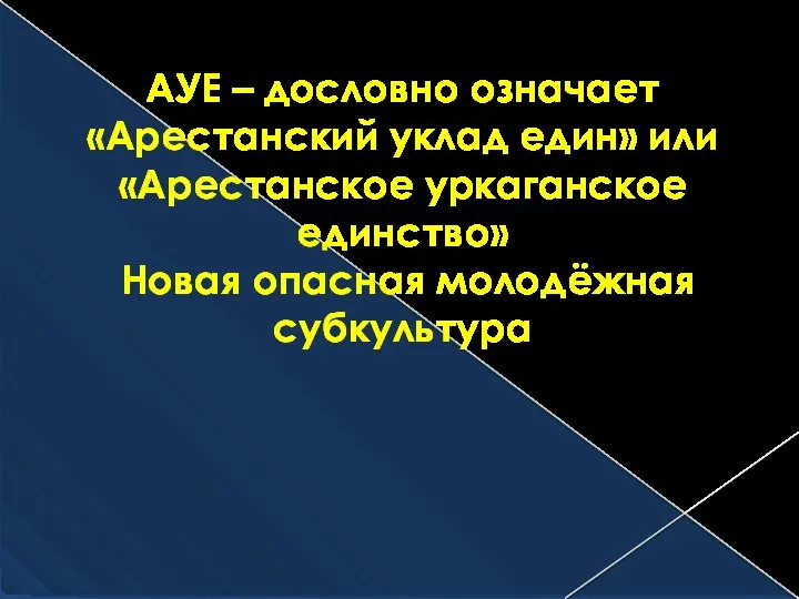 АУЕ – дословно означает «Арестанский уклад един» или «Арестанское уркаганское единство» Новая опасная молодёжная субкультура