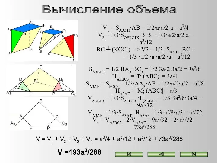 Вычисление объема V1 = SAA1H·AB = 1/2·a·a/2·a = a3/4 V2 = 1/3·SOH1C1K·B1B