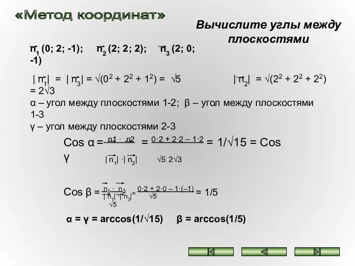 Вычислите углы между плоскостями «Метод координат» n1 (0; 2; -1); n2 (2;