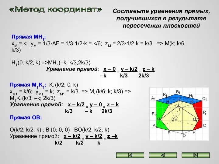 «Метод координат» Составьте уравнения прямых, получившихся в результате пересечения плоскостей Прямая МН1: