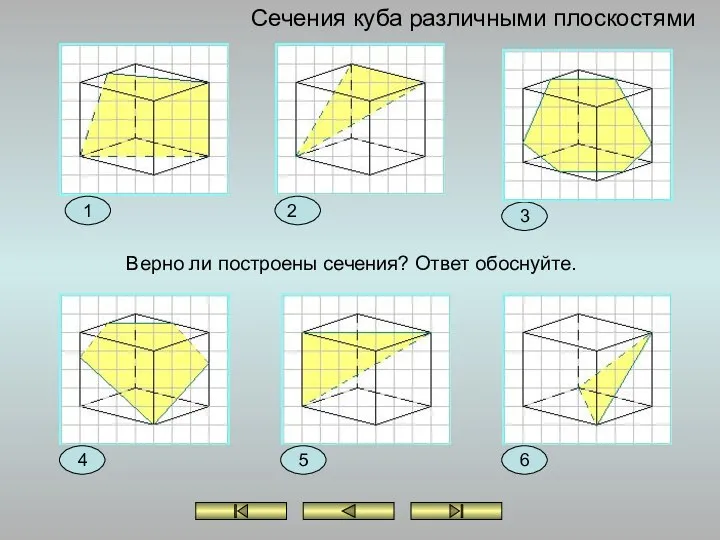 Верно ли построены сечения? Ответ обоснуйте. 3 4 5 6 2 1 Сечения куба различными плоскостями