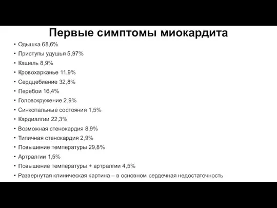 Первые симптомы миокардита Одышка 68,6% Приступы удушья 5,97% Кашель 8,9% Кровохарканье 11,9%