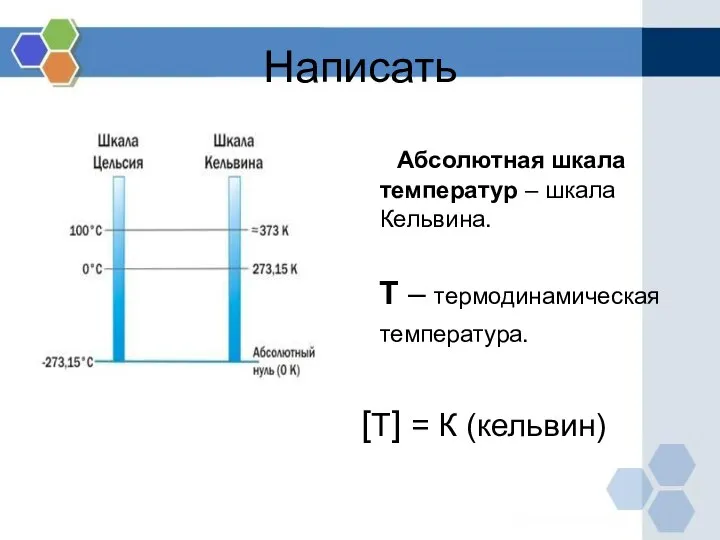 Абсолютная шкала температур – шкала Кельвина. Т – термодинамическая температура. [Т] = К (кельвин) Написать