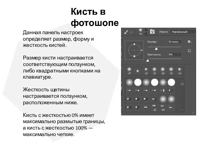 Данная панель настроек определяет размер, форму и жесткость кистей. Размер кисти настраивается