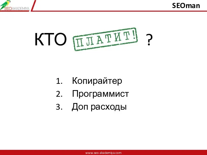 КТО ? Копирайтер Программист Доп расходы www.seo-akademiya.com www.seo-akademiya.com SEOman