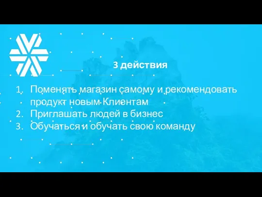 3 действия Поменять магазин самому и рекомендовать продукт новым Клиентам Приглашать людей