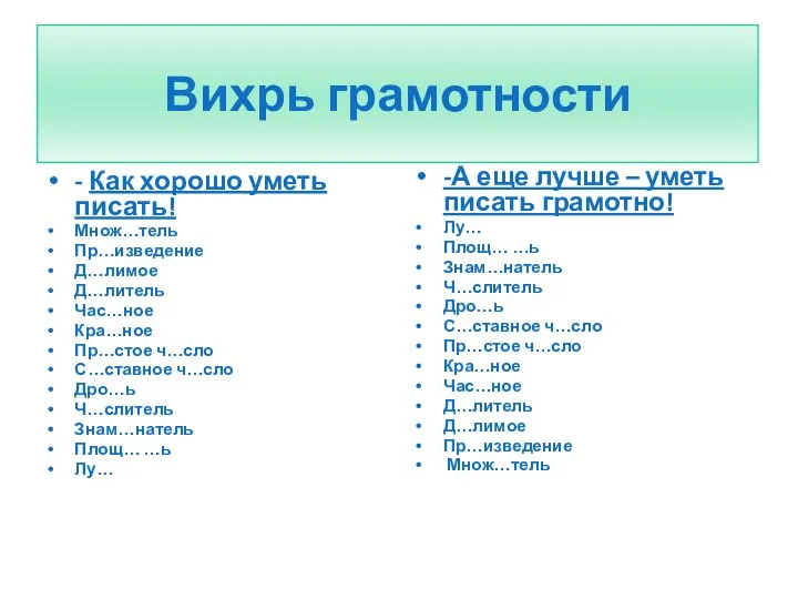 Вихрь грамотности - Как хорошо уметь писать! Множ…тель Пр…изведение Д…лимое Д…литель Час…ное