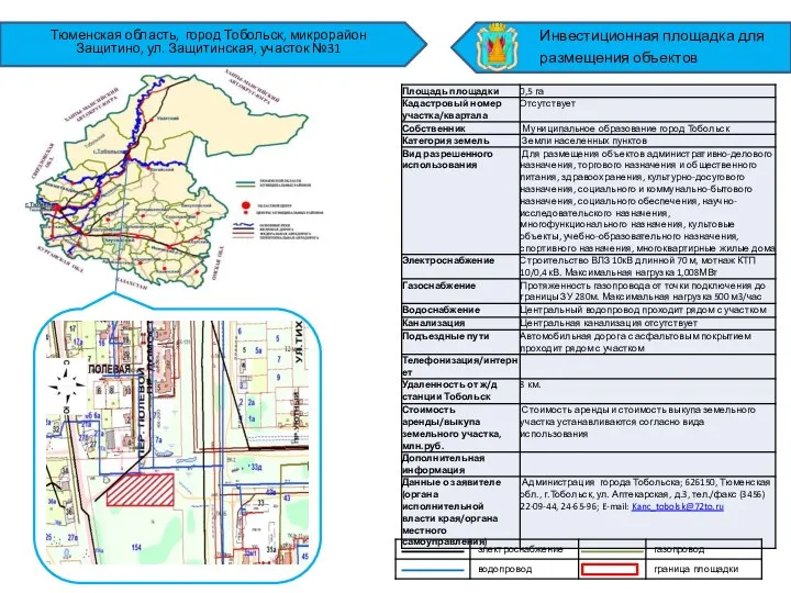 Тюменская область, город Тобольск, микрорайон Защитино, ул. Защитинская, участок №31 Инвестиционная площадка для размещения объектов