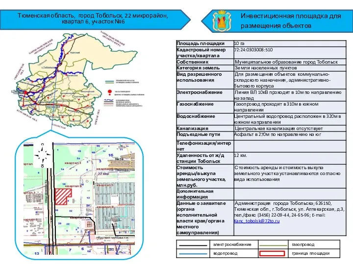Тюменская область, город Тобольск, 22 микрорайон, квартал 6, участок №6 Инвестиционная площадка для размещения объектов