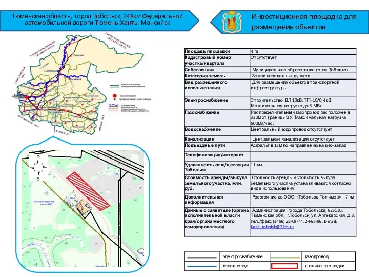 Тюменская область, город Тобольск, 248км Федеральной автомобильной дороги Тюмень-Ханты-Мансийск Инвестиционная площадка для размещения объектов