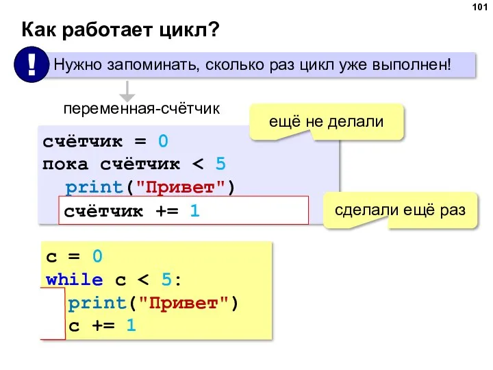 Как работает цикл? переменная-счётчик счётчик = 0 пока счётчик print("Привет") счётчик =