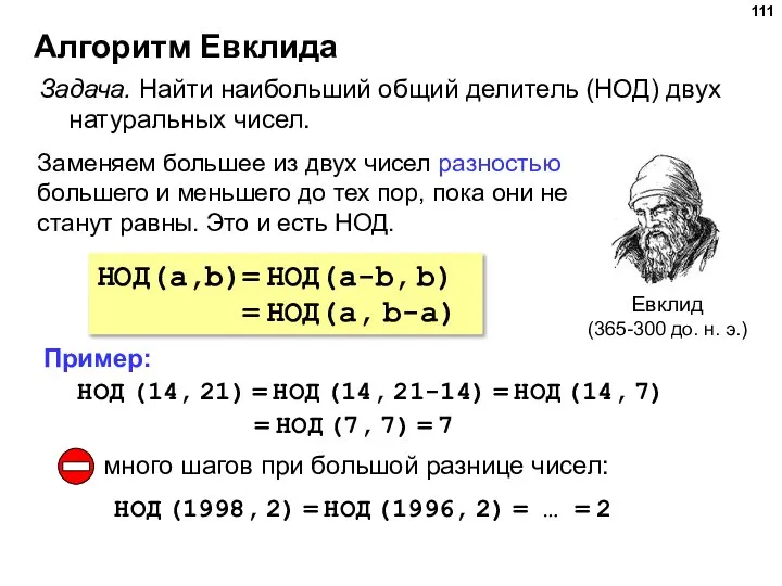 Алгоритм Евклида Задача. Найти наибольший общий делитель (НОД) двух натуральных чисел. Евклид