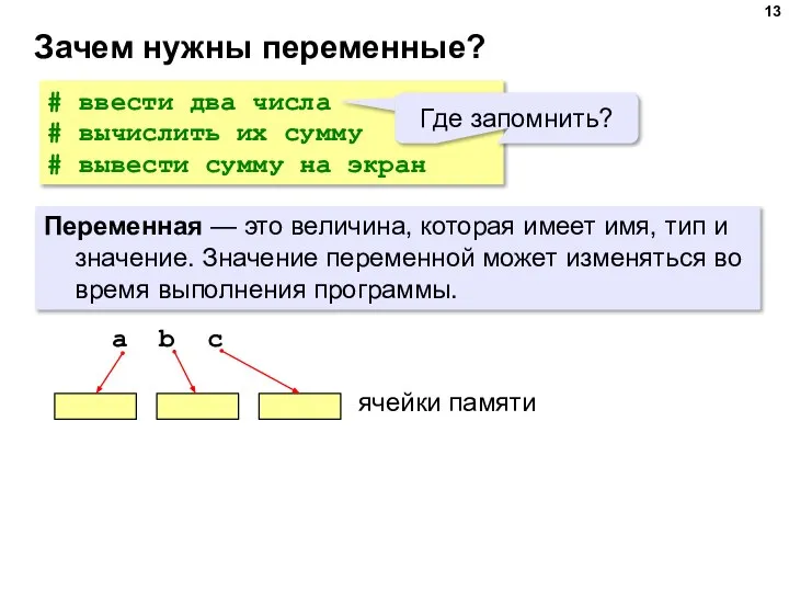 # ввести два числа # вычислить их сумму # вывести сумму на