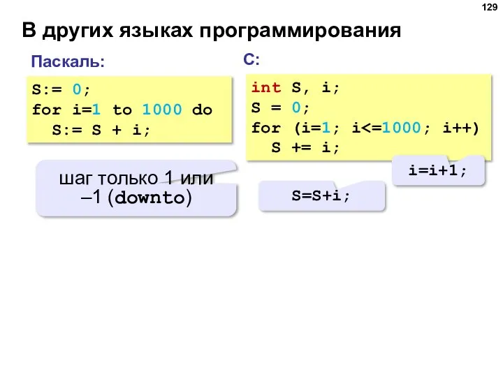 В других языках программирования С: int S, i; S = 0; for