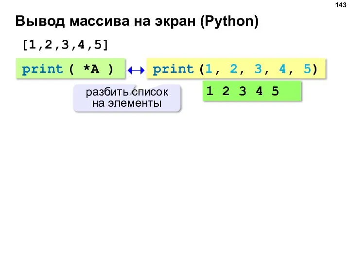Вывод массива на экран (Python) print ( *A ) разбить список на