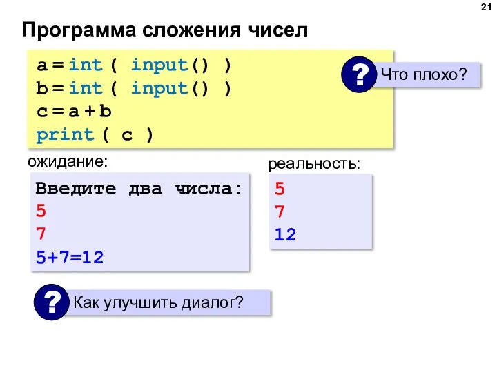 Программа сложения чисел ожидание: реальность: Введите два числа: 5 7 5+7=12 5