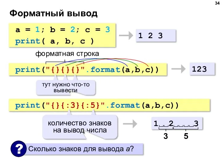 Форматный вывод a = 1; b = 2; c = 3 print(