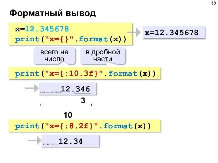 print("x={:10.3f}".format(x)) Форматный вывод x=12.345678 print("x={}".format(x)) x=12.345678 12.346 3 10 всего на число