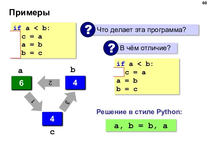 Примеры if a c = a a = b b = c