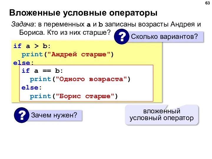 Вложенные условные операторы if a > b: print("Андрей старше") else: if a