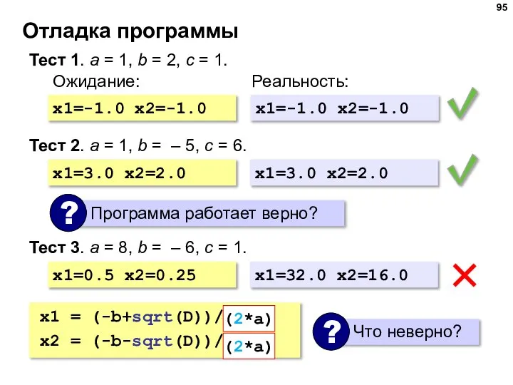 Отладка программы Тест 1. a = 1, b = 2, c =