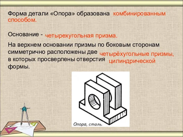 Форма детали «Опора» образована Основание - На верхнем основании призмы по боковым