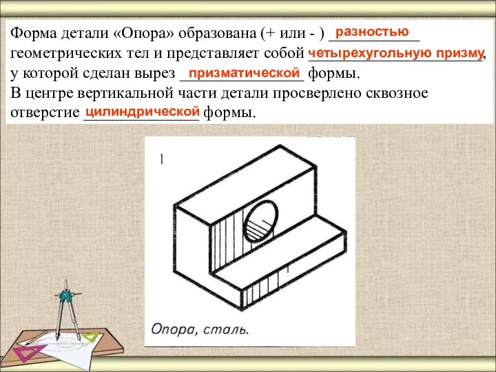 Форма детали «Опора» образована (+ или - ) ___________ геометрических тел и