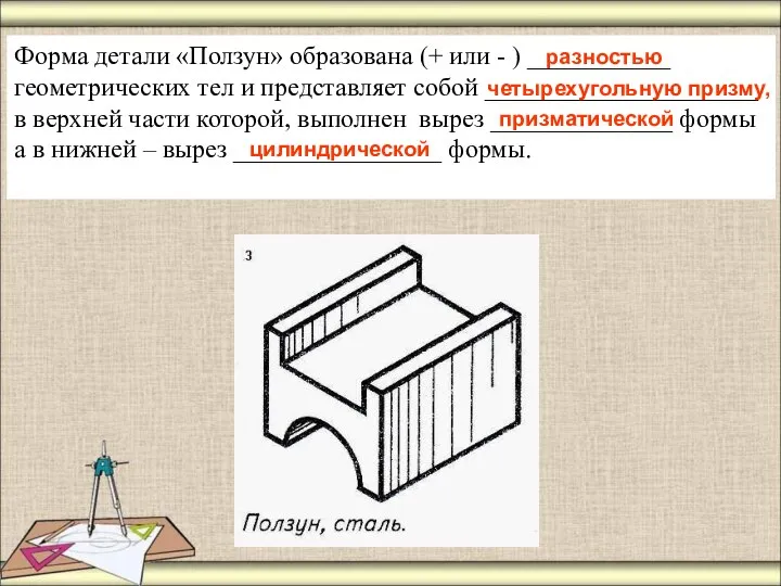 Форма детали «Ползун» образована (+ или - ) ___________ геометрических тел и