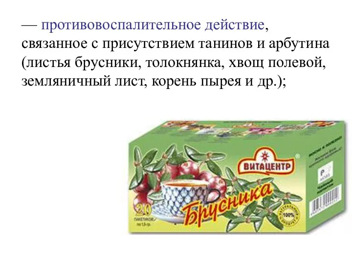 — противовоспалительное действие, связанное с присутствием танинов и арбутина (листья брусники, толокнянка,