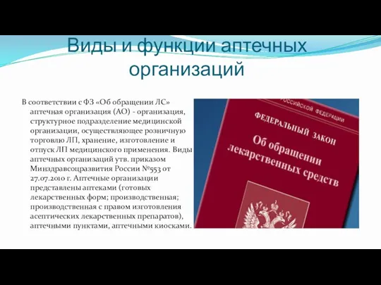 Виды и функции аптечных организаций В соответствии с ФЗ «Об обращении ЛС»