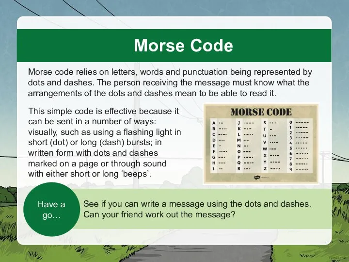 Morse Code Morse code relies on letters, words and punctuation being represented