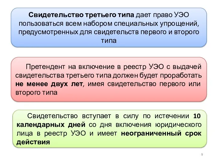 Свидетельство третьего типа дает право УЭО пользоваться всем набором специальных упрощений, предусмотренных