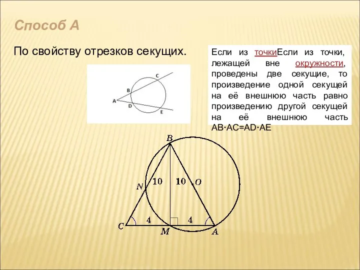 Способ А По свойству отрезков секущих. Если из точкиЕсли из точки, лежащей