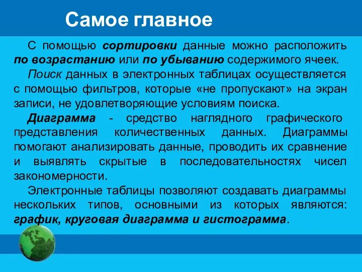 Самое главное С помощью сортировки данные можно расположить по возрастанию или по