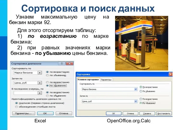 Сортировка и поиск данных Узнаем максимальную цену на бензин марки 92. OpenOffice.org.Calc