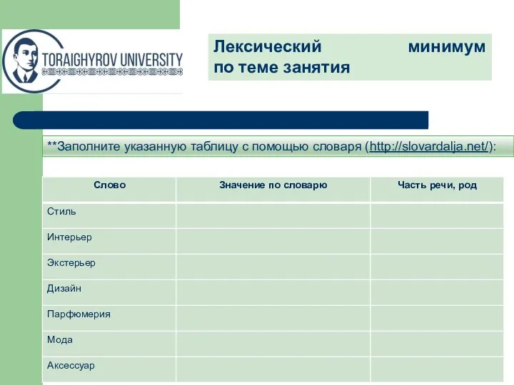 Лексический минимум по теме занятия **Заполните указанную таблицу с помощью словаря (http://slovardalja.net/):