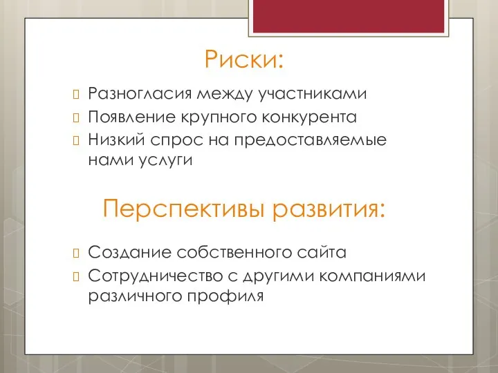 Риски: Перспективы развития: Разногласия между участниками Появление крупного конкурента Низкий спрос на