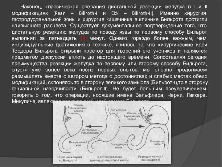 Наконец, классическая операция дистальной резекции желудка в I и II модификациях (Pean