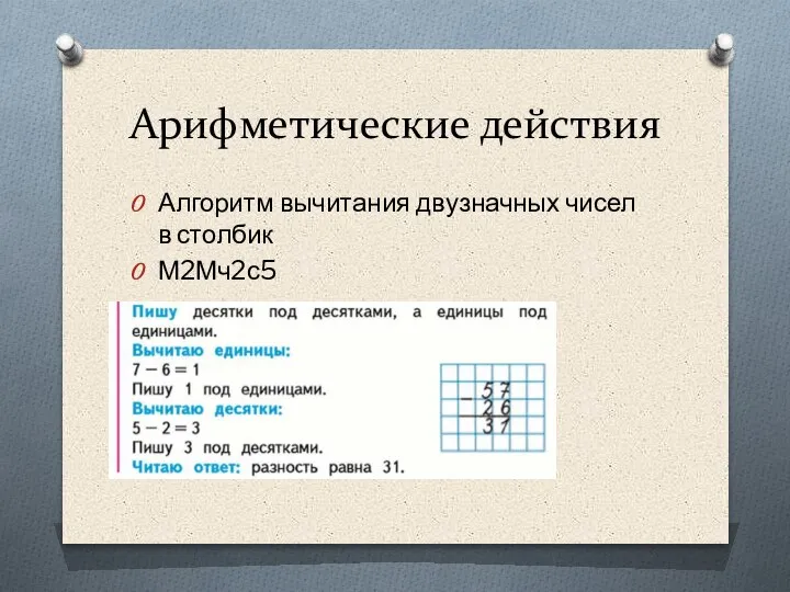 Арифметические действия Алгоритм вычитания двузначных чисел в столбик М2Мч2с5