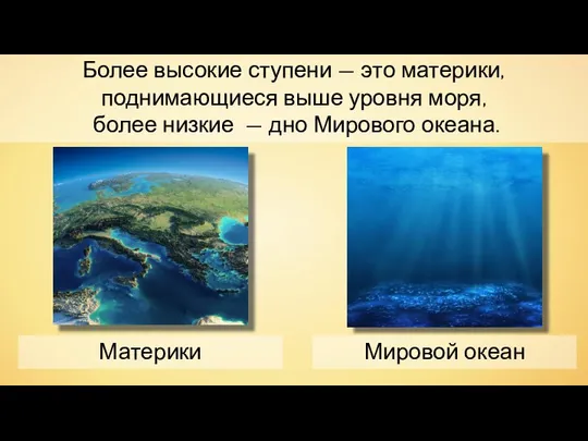 Мировой океан Материки Более высокие ступени — это материки, поднимающиеся выше уровня