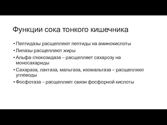 Функции сока тонкого кишечника Пептидазы расщепляют пептиды на аминокислоты Липазы расщепляют жиры