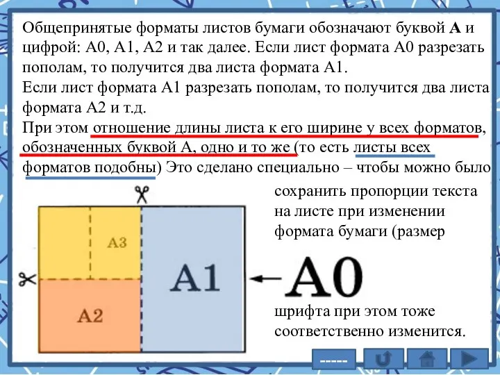 Общепринятые форматы листов бумаги обозначают буквой А и цифрой: А0, А1, А2