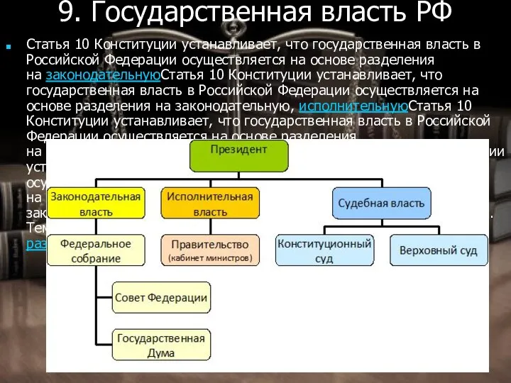 9. Государственная власть РФ Статья 10 Конституции устанавливает, что государственная власть в