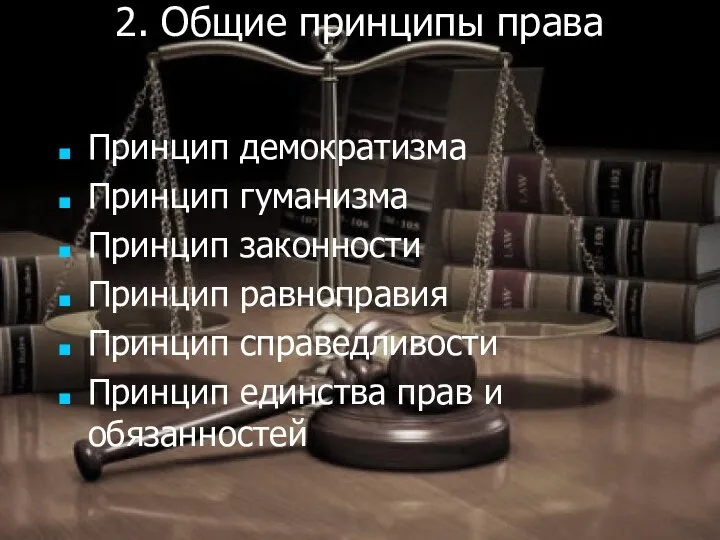 2. Общие принципы права Принцип демократизма Принцип гуманизма Принцип законности Принцип равноправия