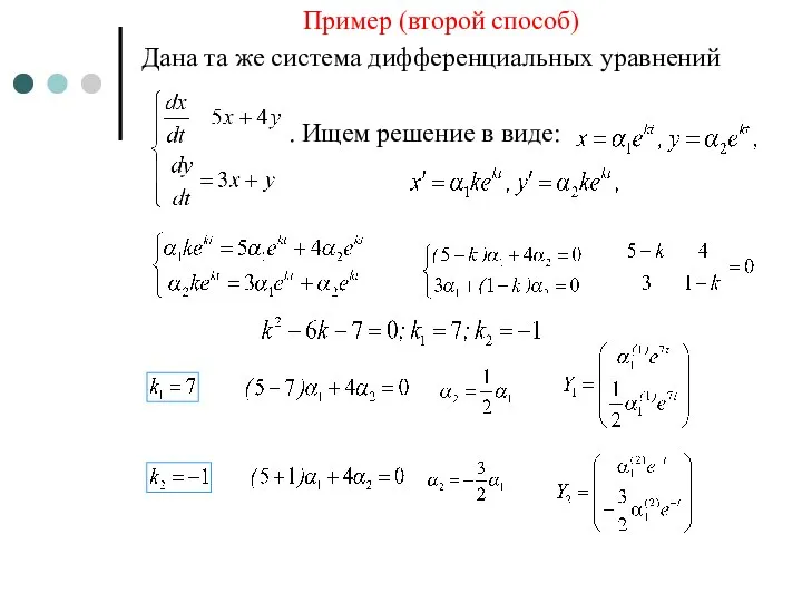 Пример (второй способ) Дана та же система дифференциальных уравнений . Ищем решение в виде: