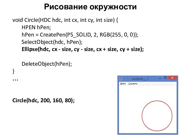 Рисование окружности void Circle(HDC hdc, int cx, int cy, int size) {